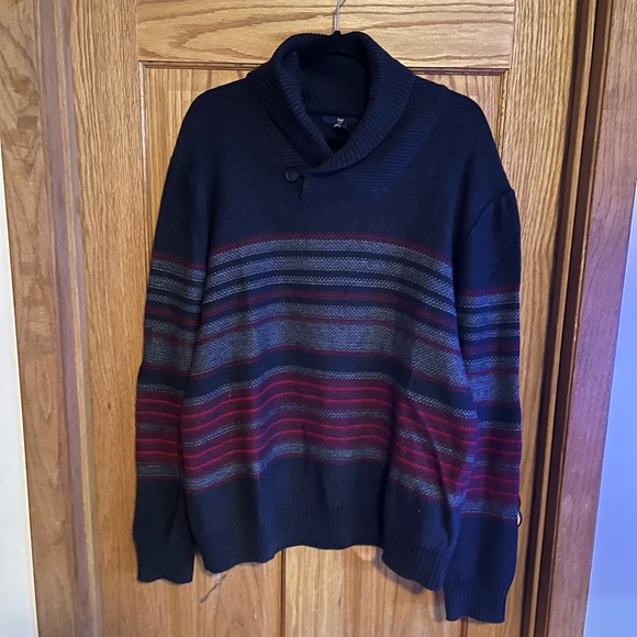 GAP Men's Black Turtleneck Sweater with Red and Gray Stripes - Picture 1 of 5